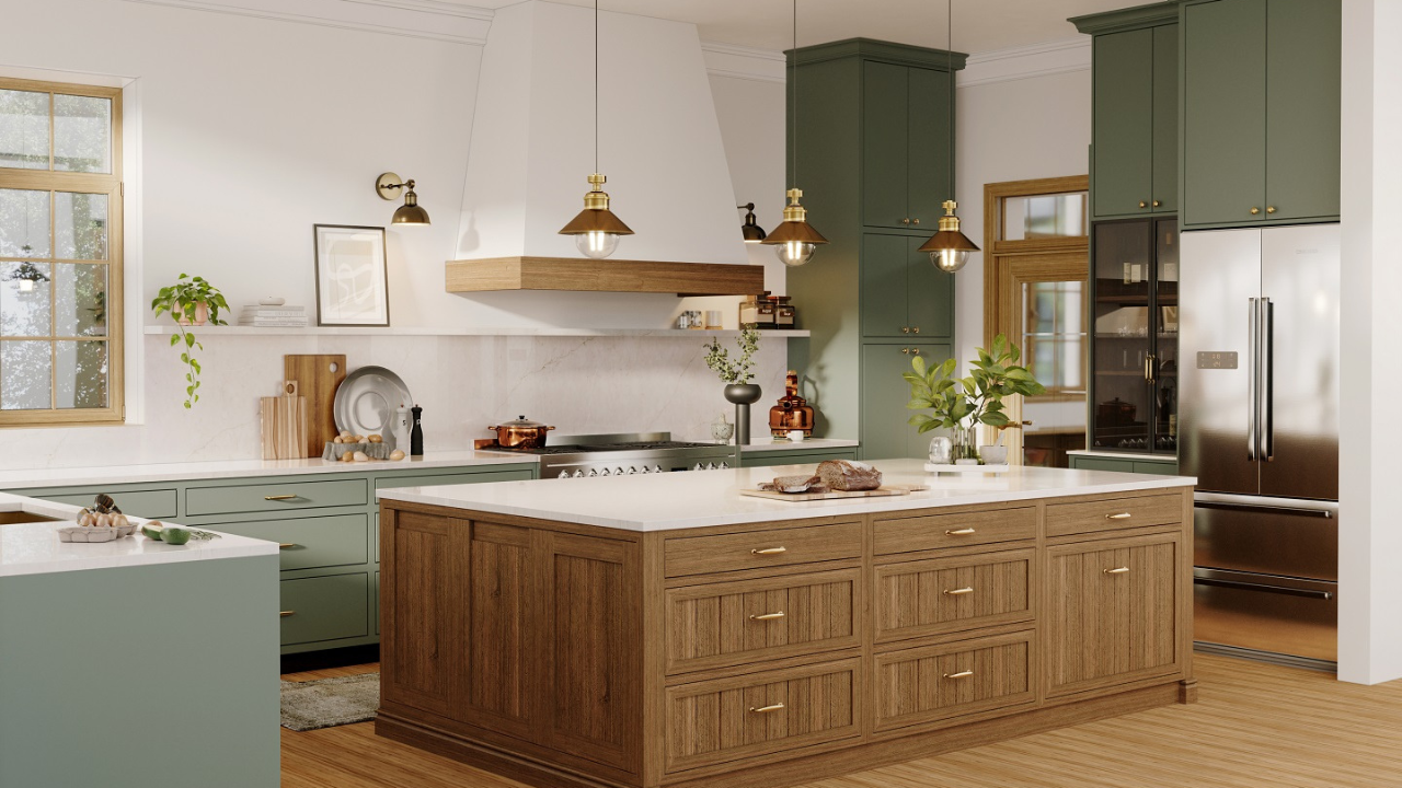 Kitchen with green cabinets, large range hood, and white cream countertops with a matching backsplash