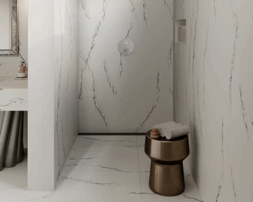 A curbless shower safer for aging at home. Featuring Cambria quartz.