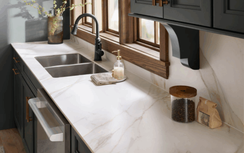 A Teracanto porcelain countertop in a kitchen, with coffee.