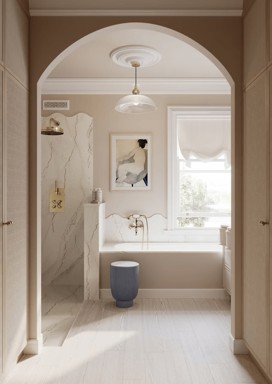 Bathroom featuring Cambria Inverness Blakely quartz surfaces.