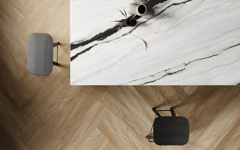 Kitchen with Teracanto Charcoal White countertops, featuring a Forest Fusion accent and Summit detailing